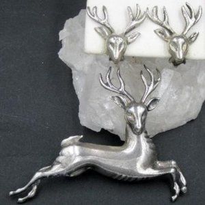 Vintage 1940’s Sterling Leaping Stag Deer Brooch Earring Set